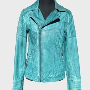 Blanc Noir turquoise teal faux leather moto jacket • size M